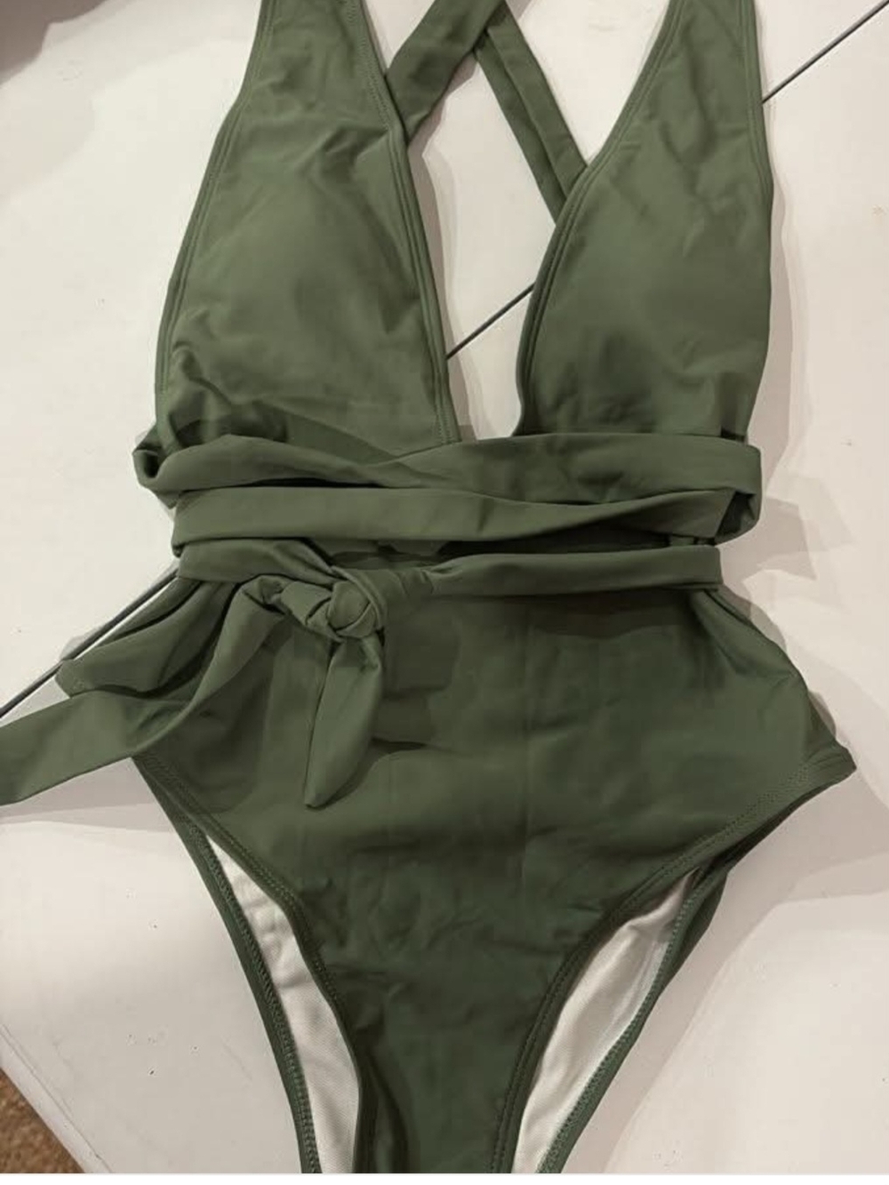 Olive Green One-Piece Wrap Swimsuit